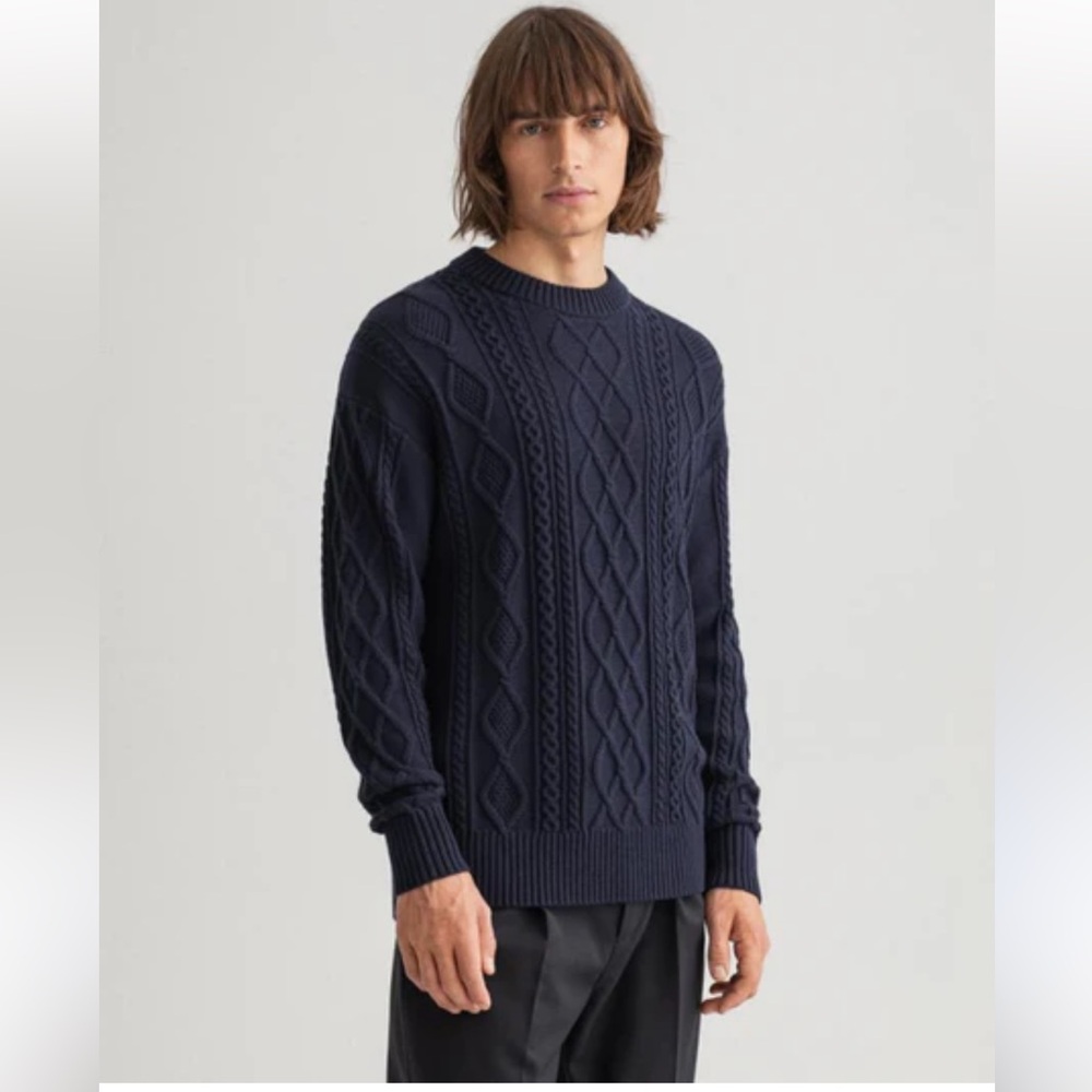 Gant Apparel Cable Crewneck Pullover Sweater  Lambswool Cotton in Evening Blue L